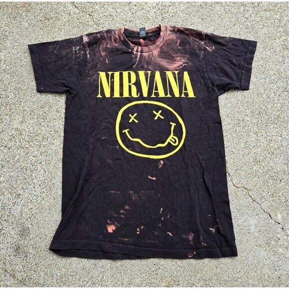 Y2k Nirvana Smiley Face Bleach Dyed Black Tee T Shirt Adult Size Medium Kurt - Picture 1 of 4